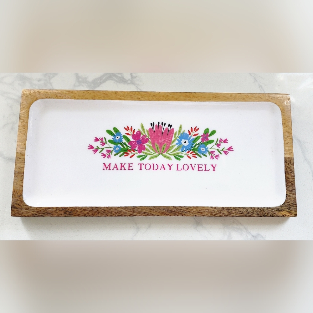 Mango‎ Wood Floral Vanity Tray Platter Catch-all Make Today Lovely New